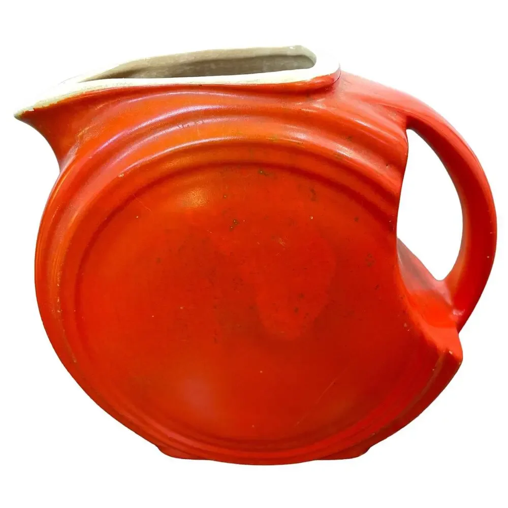 Vintage Disc Pitcher Orange Red Art Deco Poppy Crazing Unmarked 1930s USA READ